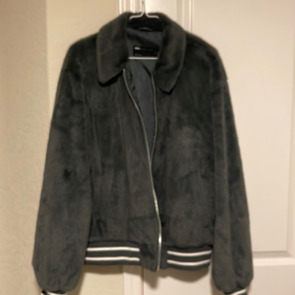 MENS TEAL VARSITY SHORT FUR JACKET